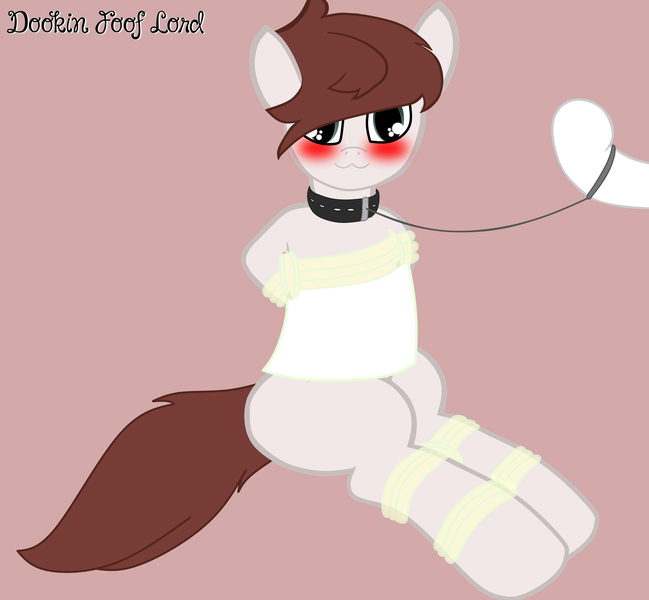 Size: 3243x3000 | Tagged: safe, artist:dookin, derpibooru import, oc, unofficial characters only, pony, blushing, bondage, collar, crossdressing, cute, leash, looking at you, simple background, sitting
