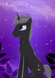 Size: 1024x1448 | Tagged: safe, artist:casparraillen, derpibooru import, oc, oc:silver shard, unofficial characters only, pony, unicorn, blue eyes, dark grey coat, fog, leaves, mist, purple, silver mane, simple background, stars