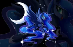 Size: 800x518 | Tagged: safe, artist:arcadianphoenix, derpibooru import, princess luna, alicorn, pony, crescent moon, crown, female, jewelry, mare, moon, regalia, smiling, solo, transparent moon, zoom layer