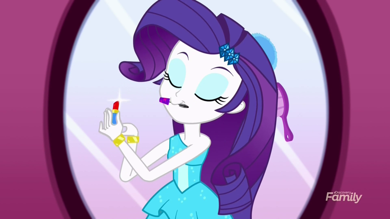 Size: 1280x720 | Tagged: safe, derpibooru import, screencap, rarity, eqg summertime shorts, equestria girls, make up shake up, lipstick, mouth hold