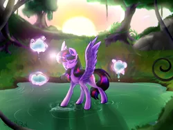 Size: 1400x1050 | Tagged: safe, artist:wolfchen999, derpibooru import, twilight sparkle, twilight sparkle (alicorn), alicorn, pony, female, magic, magic training, mare, meditating, outdoors, solo, telekinesis, water