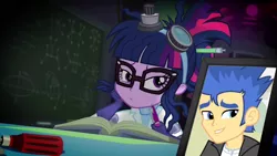 Size: 1280x720 | Tagged: safe, artist:alphamonouryuuken, derpibooru import, edit, edited screencap, screencap, flash sentry, sci-twi, twilight sparkle, eqg summertime shorts, equestria girls, mad twience, book, exploitable, female, flashlight, laboratory, male, shipping, straight