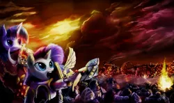 Size: 2560x1511 | Tagged: safe, artist:dasha1blaze, artist:stdeadra, derpibooru import, rarity, twilight sparkle, pony, armor, army, chaos, chaos space marine, clothes, collaboration, crossover, emperor's children, female, fight, mare, open mouth, space marine, warhammer (game), warhammer 40k