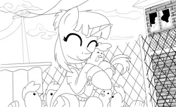 Size: 2800x1700 | Tagged: safe, artist:elmutanto, derpibooru import, oc, oc:sparkplug, unofficial characters only, bird, chicken, pony, unicorn, fallout equestria, abduction, black and white, chicken pen, cloud, derp, electric pole, fallout 4, grayscale, hen, hostage, inspired, lineart, monochrome, oberland station, pen, rooster, sketch