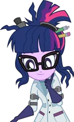 Size: 3000x4923 | Tagged: safe, artist:aqua-pony, derpibooru import, sci-twi, twilight sparkle, eqg summertime shorts, equestria girls, mad twience, clothes, cute, glasses, gloves, lab coat, simple background, smiling, solo, transparent background, twiabetes, vector