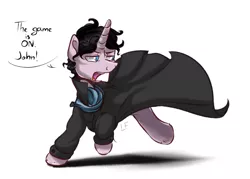 Size: 1400x1000 | Tagged: safe, artist:redheadfly, derpibooru import, ponified, pony, unicorn, clothes, crossover, dialogue, male, sherlock, sherlock holmes, simple background, solo, stallion, white background