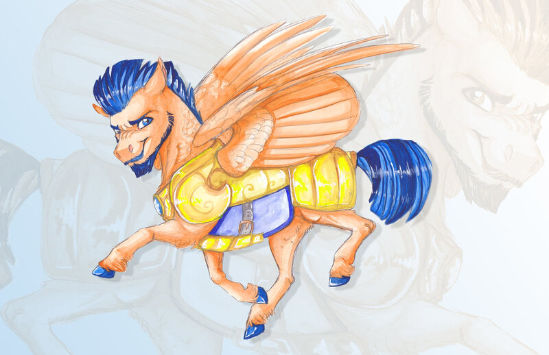 Size: 1280x828 | Tagged: safe, artist:earthsong9405, deleted from derpibooru, derpibooru import, flash sentry, pegasus, pony, armor, facial hair, male, raised hoof, royal guard, smiling, solo, stallion, zoom layer