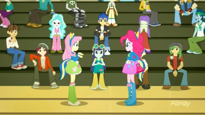 Size: 1366x768 | Tagged: safe, derpibooru import, screencap, blueberry cake, captain planet, crimson napalm, flash sentry, fluttershy, microchips, normal norman, paisley, pinkie pie, scribble dee, toe-tapper, torch song, valhallen, wiz kid, eqg summertime shorts, equestria girls, steps of pep, background human, normalcake