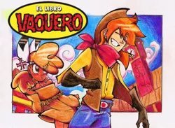 Size: 800x586 | Tagged: artist:akikodestroyer, braeburn, braeheart, dead source, derpibooru import, el libro vaquero, female, human, humanized, little strongheart, male, mexico, safe, shipping, spanish, straight, western