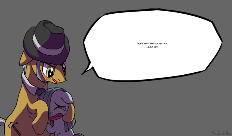 Size: 1000x588 | Tagged: safe, artist:foudubulbe, derpibooru import, igneous rock pie, marble pie, earth pony, pony, blushing, comforting, crying, cute, dialogue, father and daughter, female, filly, hat, male, sad, sadorable, speech bubble