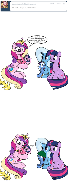 Size: 600x1600 | Tagged: safe, artist:dekomaru, derpibooru import, princess cadance, trixie, twilight sparkle, oc, pony, tumblr:ask twixie, ask, boop, female, lesbian, magical lesbian spawn, offspring, parent:trixie, parent:twilight sparkle, parents:twixie, shipping, tumblr, twixie