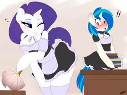 Size: 1400x1050 | Tagged: suggestive, artist:kikiluv, derpibooru import, rarity, vinyl scratch, anthro, unguligrade anthro, unicorn, arm hooves, bent over, blushing, breasts, clothes, crack shipping, female, implied lesbian, lesbian, looking back, maid, mare, rariscratch, shipping, simple background, smiling, teasing