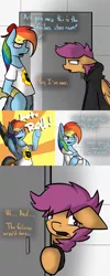 Size: 1500x3750 | Tagged: safe, artist:conmanwolf, derpibooru import, rainbow dash, scootaloo, pony, ask factory scootaloo, fanfic:rainbow factory, clothes, comic, factory scootaloo, gun, hammerspace, lab coat, rainbow factory dash, serious rainbow, shotgun, weapon