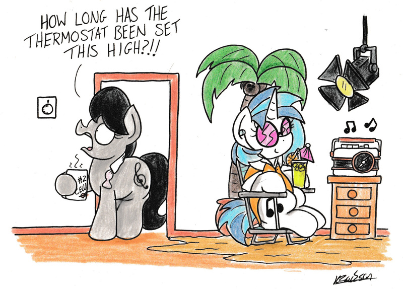 Size: 2243x1609 | Tagged: safe, artist:bobthedalek, derpibooru import, octavia melody, vinyl scratch, pony, clothes, palm tree, sand, shirt, traditional art, tree