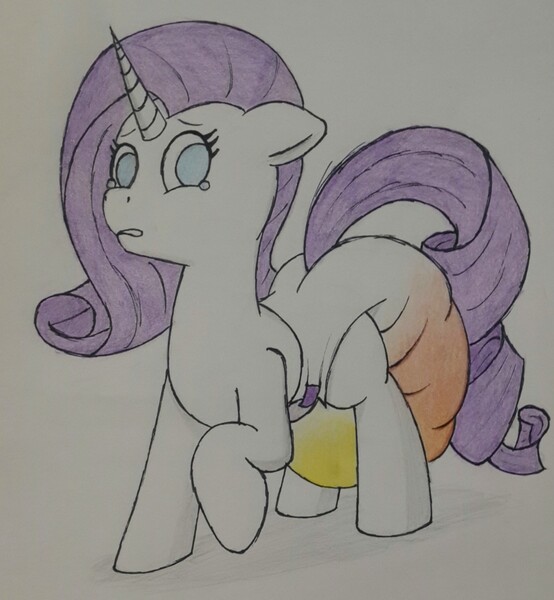 Size: 1181x1280 | Tagged: questionable, artist:khavoc, derpibooru import, rarity, pony, diaper, diaper fetish, fetish, messy diaper, poop, poopy diaper, solo, traditional art, urine, wet diaper