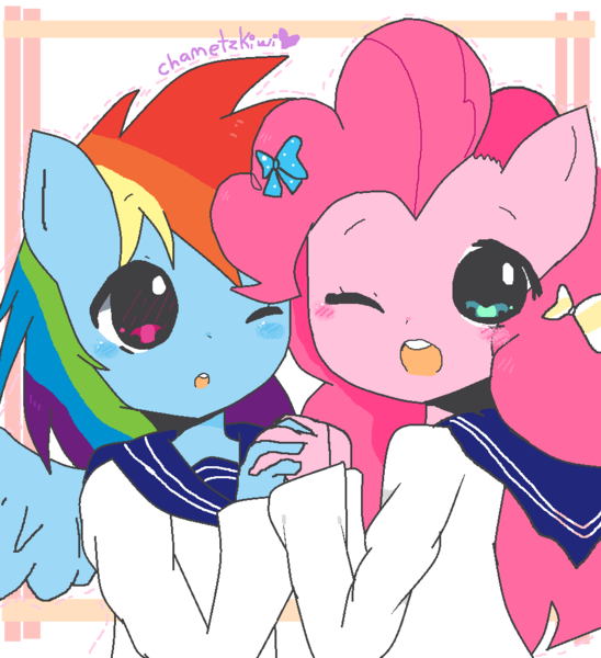 Size: 906x992 | Tagged: anime, anthro, artist:chametzkiwi, clothes, derpibooru import, one eye closed, pinkie pie, rainbow dash, safe, sailor uniform, schoolgirl, wink