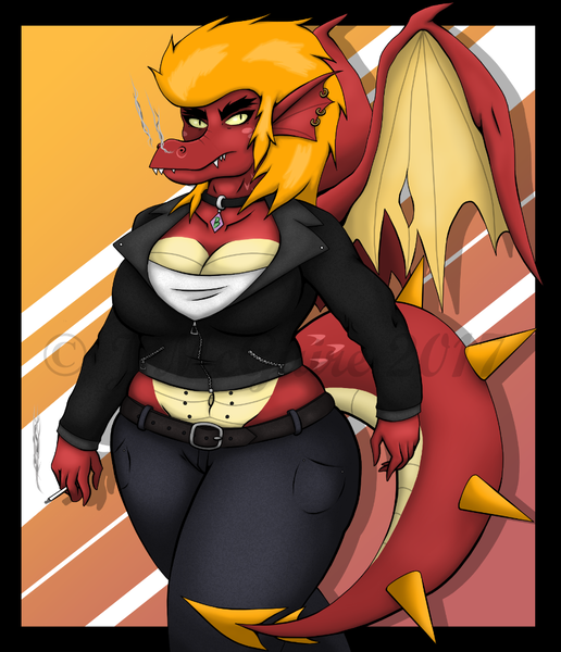 Size: 890x1035 | Tagged: anthro, artist:jimjamdoodles, badass, belly button, big breasts, breasts, busty garbelle, busty garbledina, cigarette, cleavage, clothes, collar, derpibooru import, dragon, dragoness, female, garbelle, garble, garbledina, implied barb, implied lesbian, implied shipping, jacket, leather jacket, looking at you, rule 63, safe, smoke, smoking, thighs, thunder thighs, tight clothing, walking, wide hips