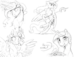 Size: 3300x2550 | Tagged: safe, artist:silfoe, derpibooru import, princess cadance, princess celestia, princess luna, twilight sparkle, twilight sparkle (alicorn), alicorn, pony, royal sketchbook, cookie, cute, cutedance, female, food, glowing eyes, grayscale, magic, mare, monochrome, one of these things is not like the others, royal sisters, simple background, sketch, smiling, white background