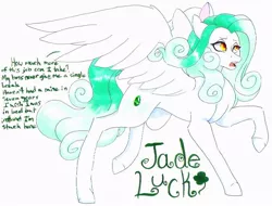 Size: 778x590 | Tagged: safe, artist:frozensoulpony, derpibooru import, oc, oc:jade luck, unofficial characters only, pegasus, pony, adopted offspring, female, mare, parent:rarity, solo, traditional art