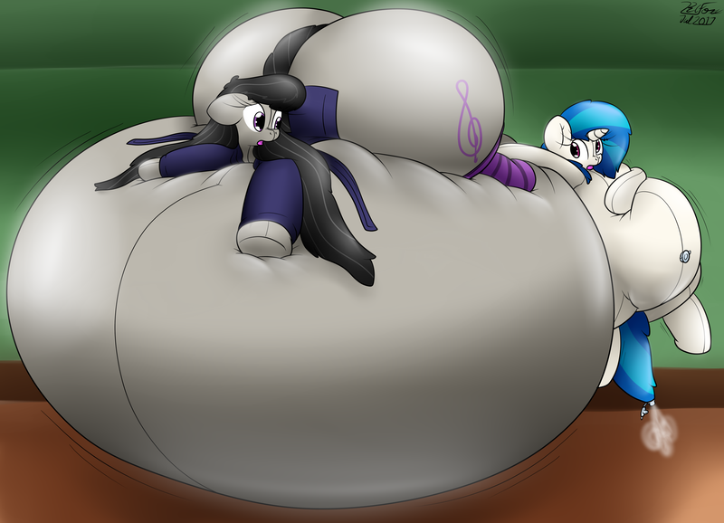 Size: 3382x2443 | Tagged: questionable, artist:the-furry-railfan, derpibooru import, octavia melody, vinyl scratch, earth pony, pony, unicorn, belly, belly bed, clothes, huge butt, impossibly large belly, impossibly large butt, inflatable toy, inflated ears, inflation, large butt, leaking, missing accessory, pool toy, robe, socks, squishy, story included, striped socks, this will end in balloons, treblebutt, worried