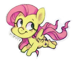 Size: 1280x1061 | Tagged: safe, artist:psicommander, derpibooru import, fluttershy, pony, chibi, flying, looking away, looking back, simple background, smiling, solo, spread wings, sticker, traditional art, transparent background, wings