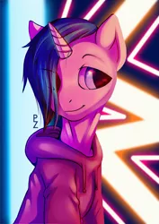 Size: 1500x2122 | Tagged: safe, artist:risterdus, derpibooru import, oc, unofficial characters only, pony, unicorn, abstract background, bust, clothes, commission, hoodie, neon, smiling, solo