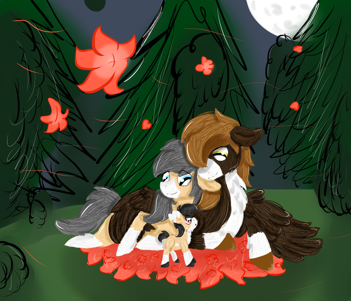 Size: 3500x3000 | Tagged: safe, artist:euspuche, derpibooru import, oc, oc:liliya krasnyy, oc:punish mittet, oc:zarza zarevna, unofficial characters only, earth pony, pegasus, pony, family, father and daughter, female, filly, flower, forest, male, moon, mother and daughter, night, parent:oc:punish mittet, parent:oc:zarza zarevna, parents:zarttet, teenager, zarttet