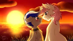 Size: 3840x2160 | Tagged: safe, artist:sugaryviolet, derpibooru import, oc, oc:bassy, oc:intrepid charm, unofficial characters only, pegasus, pony, unicorn, 4k, gay, male, nuzzling, romantic, stallion, sunset