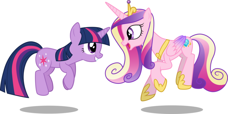 Size: 5996x3001 | Tagged: safe, artist:cloudyglow, derpibooru import, princess cadance, twilight sparkle, alicorn, pony, unicorn, games ponies play, .ai available, crown, cute, cutedance, duo, duo female, female, high res, ladybugs-awake, looking at each other, regalia, simple background, smiling, sunshine sunshine, transparent background, unicorn twilight, vector