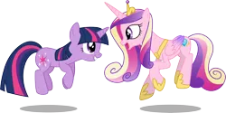 Size: 5996x3001 | Tagged: safe, artist:cloudyglow, derpibooru import, princess cadance, twilight sparkle, alicorn, pony, unicorn, games ponies play, .ai available, crown, cute, cutedance, duo, duo female, female, high res, ladybugs-awake, looking at each other, regalia, simple background, smiling, sunshine sunshine, transparent background, unicorn twilight, vector