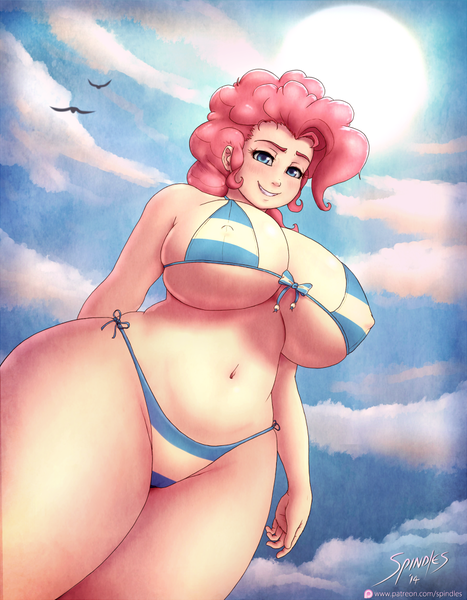 Size: 800x1028 | Tagged: absolute cleavage, artist:spindlesx, art pack:my little sweetheart, beach babe, belly button, big breasts, bikini, bikini babe, bikini bottom, bikini top, blue swimsuit, breasts, busty pinkie pie, cameltoe, cleavage, clothes, cloud, curvy, cute, derpibooru import, erect nipples, female, huge breasts, human, humanized, looking at you, low angle, my little sweetheart, nipple outline, pinkie pie, pinkie thighs, plump, questionable, seagull, sideboob, side-tie bikini, sky, smiling, solo, solo female, string bikini, striped swimsuit, stupid sexy pinkie, summer, sun, sunshine, swimsuit, thick, thighs, thong swimsuit, thunder thighs, underboob, wide hips