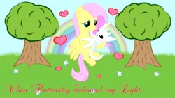 Size: 8000x4500 | Tagged: safe, artist:joy144sk, derpibooru import, fluttershy, pony, absurd resolution, cradling, cute, daaaaaaaaaaaw, fluttermom, heart, hnnng, ori, ori and the blind forest, rainbow, shyabetes, tree