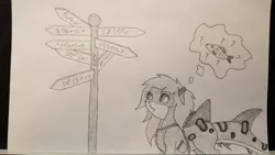Size: 2000x1125 | Tagged: artist:nightwind-arts, clothes, derpibooru import, female, fish, hoodie, jacket, mare, oc, oc:milani, original species, safe, shark, shark pony, sign, solo, street sign, thought bubble, traditional art, unofficial characters only