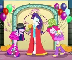 Size: 700x590 | Tagged: safe, derpibooru import, screencap, pinkie pie, rarity, twilight sparkle, a photo booth story, eqg summertime shorts, equestria girls, cape, cloak, clothes, crown, fall formal outfits, jewelry, queen, queen rarity, regalia