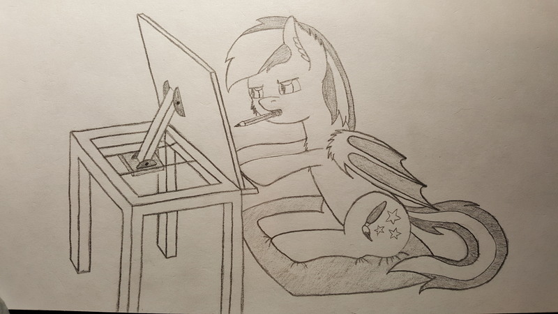 Size: 5312x2988 | Tagged: safe, artist:nightwind-arts, derpibooru import, oc, oc:nightwind, unofficial characters only, bat, bat pony, pony, art desk, desk, drawing, female, mare, monochrome, mouth drawing, mouth hold, pencil, pillow, sitting, sitting on pillow, solo, traditional art