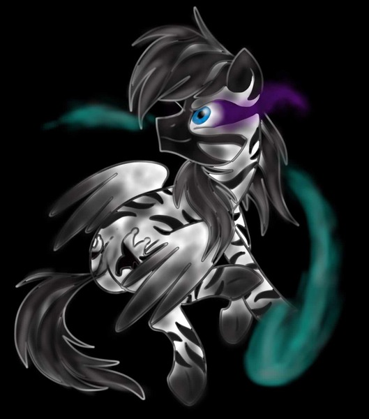 Size: 1314x1490 | Tagged: antagonist, artist:zigragirl, black background, corrupted, derpibooru import, glare, glowing eyes, irc, looking back, magic, male, oc, oc:trickplay, safe, simple background, smiling, smirk, solo, sombra eyes, spread wings, stallion, traditional art, underhoof, unofficial characters only, wings, zebra, zebrasus