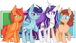 Size: 1529x863 | Tagged: safe, artist:marshmall0wface, derpibooru import, oc, unofficial characters only, earth pony, pegasus, pony, unicorn, next generation, offspring, original character do not steal, parent:big macintosh, parent:cheese sandwich, parent:fluttershy, parent:pinkie pie, parent:princess cadance, parent:rainbow dash, parent:shining armor, parent:soarin', parents:cheesepie, parents:fluttermac, parents:shiningcadance, parents:soarindash, simple background