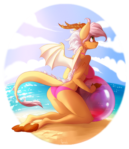 Size: 2480x2863 | Tagged: anthro, artist:crazy-leg, ball, beach, bikini, breasts, clothes, commission, derpibooru import, dracony, female, high res, hybrid, oc, oc:arita, ocean, panties, safe, signature, swimsuit, underwear, unguligrade anthro, unofficial characters only, water, ych result