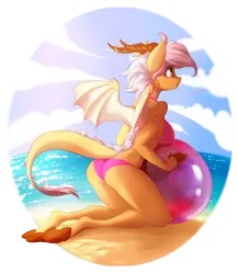Size: 2480x2863 | Tagged: anthro, artist:crazy-leg, ball, beach, bikini, breasts, clothes, commission, derpibooru import, dracony, female, high res, hybrid, oc, oc:arita, ocean, panties, safe, signature, swimsuit, underwear, unguligrade anthro, unofficial characters only, water, ych result