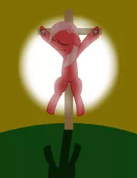 Size: 612x792 | Tagged: grimdark, artist:ihhh, derpibooru import, oc, oc:downvote, ponified, unofficial characters only, pony, derpibooru, blasphemy, blood, christianity, cross, crucifixion, derpibooru ponified, downvotes are upvotes, execution, god is dead, imminent death, meta, solo, the day downvote died