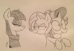 Size: 2806x1939 | Tagged: safe, artist:sparkarez, derpibooru import, maud pie, starlight glimmer, trixie, earth pony, pony, unicorn, rock solid friendship, bust, inconvenient trixie, looking at each other, monochrome, rivalry, squint, traditional art