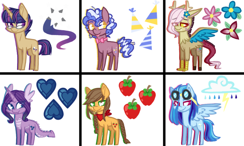 Size: 1000x600 | Tagged: safe, artist:marshmall0wface, derpibooru import, oc, unofficial characters only, dracony, hybrid, pony, contest, contest entry, female, interspecies offspring, male, next generation, offspring, parent:applejack, parent:caramel, parent:comet tail, parent:discord, parent:fluttershy, parent:pinkie pie, parent:pokey pierce, parent:rainbow dash, parent:rarity, parent:soarin', parent:spike, parent:twilight sparkle, parents:carajack, parents:cometlight, parents:discoshy, parents:pokeypie, parents:soarindash, parents:sparity