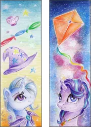 Size: 800x1112 | Tagged: safe, artist:lailyren, artist:moonlight-ki, derpibooru import, starlight glimmer, trixie, pony, unicorn, bookmark, cape, clothes, cup, duo, hat, jewelry, kite, necklace, teacup, traditional art, trixie's cape, trixie's hat