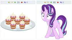 Size: 453x250 | Tagged: safe, artist:parclytaxel, derpibooru import, starlight glimmer, pony, unicorn, derpibooru, cupcake, female, food, juxtaposition, mare, meta, plate, solo, stare, teacakes, wide eyes