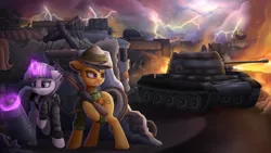 Size: 1920x1080 | Tagged: safe, artist:vanillaghosties, derpibooru import, daring do, twilight velvet, pegasus, pony, unicorn, fanfic, fanfic:spectrum of lightning, series:daring did tales of an adventurer's companion, ak-47, assault rifle, barrel, clothes, duo, fanfic art, fanfic cover, female, fire, flamethrower, glowing horn, gun, hiding, hood, jacket, leather jacket, lightning, magic, mare, rifle, serious, serious face, t-55, tank (vehicle), to-55, weapon