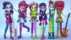 Size: 3840x2160 | Tagged: safe, artist:creatorofpony, artist:efk-san, derpibooru import, applejack, fluttershy, pinkie pie, rainbow dash, rarity, twilight sparkle, equestria girls, rainbow rocks, 3d, bass guitar, clothes, keytar, looking at you, mane six, musical instrument, rainbow rocks outfit, smiling, tambourine