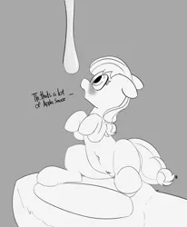 Size: 9140x11079 | Tagged: suggestive, artist:pabbley, derpibooru import, applejack, earth pony, pony, absurd resolution, applesauce, appletini, belly button, blushing, cute, female, floppy ears, in goliath's palm, jackabetes, lineart, mare, micro, missing accessory, monochrome, open mouth, pubic fluff, underhoof