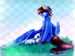 Size: 3161x2366 | Tagged: safe, artist:magicalbrownie, derpibooru import, oc, oc:sonica, unofficial characters only, pegasus, pony, art trade, chest fluff, clothes, dog tags, eyelashes, female, high res, mare, smiling, socks, solo, stockings, striped socks, thigh highs