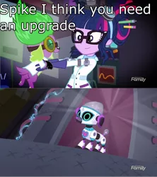 Size: 1920x2160 | Tagged: safe, derpibooru import, edit, edited screencap, screencap, sci-twi, spike, spike the regular dog, twilight sparkle, cyberman, dog, robot, eqg summertime shorts, equestria girls, mad twience, doctor who, robot dog, upgrade