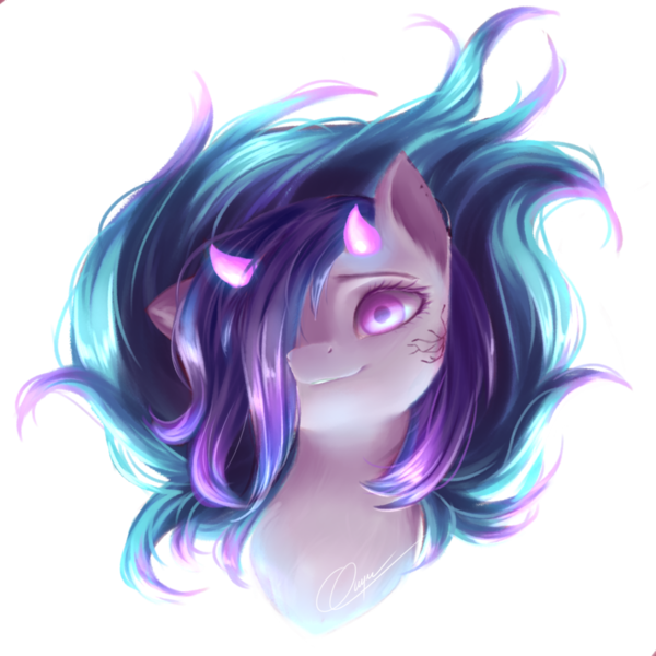 Size: 1024x1024 | Tagged: safe, artist:zukiq314, derpibooru import, oc, unofficial characters only, demon pony, pony, bust, hair over one eye, horns, looking at you, portrait, simple background, solo, transparent background